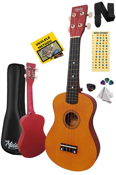 Midex Ukx-233yl Orange Concert Ukulele - Hanging Bag and Method Plectrums