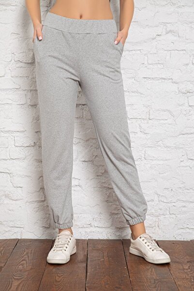 MyBen Γυναικεία γκρι Melange Pocket Λεπτομερής αθλητική φόρμα στο κάτω μέρος Slm047