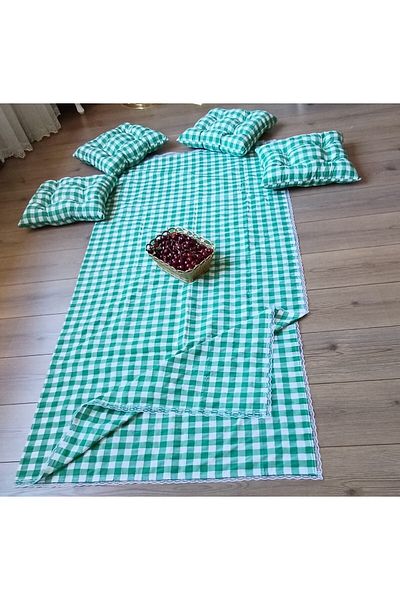 Marin Tasarım Evi Green Large Checkered Picnic Cloth Set - 4 Pieces 40x40 Cushion 170x160 Table Cloth