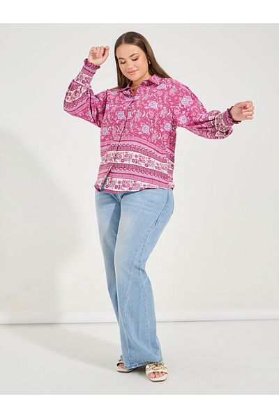 Styli Plus Size Floral Print Shirt with Cuffed Sleeves