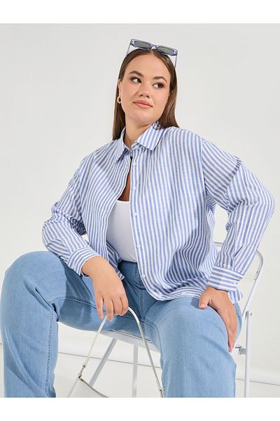 Styli Plus Size Striped Button Placket Oversized Shirt