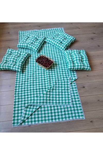 Marin Tasarım Evi Green Large Checkered Picnic Cloth Set - 4 Pieces 40x40 Cushion 170x160 Table Cloth