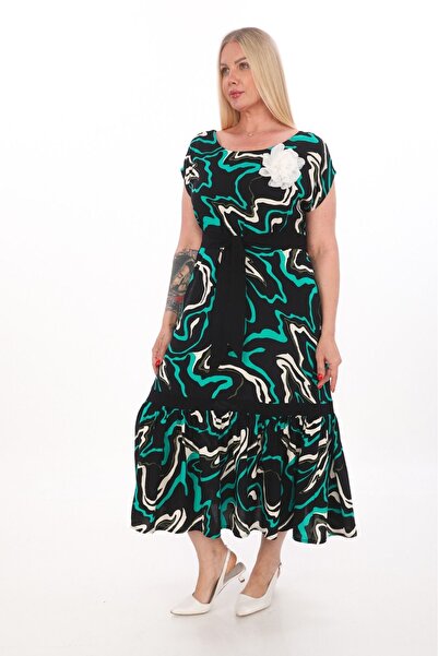 etselements X MODAPO - Πολύχρωμο γυναικείο φόρεμα βισκόζης με αξεσουάρ ροζ ζωνών