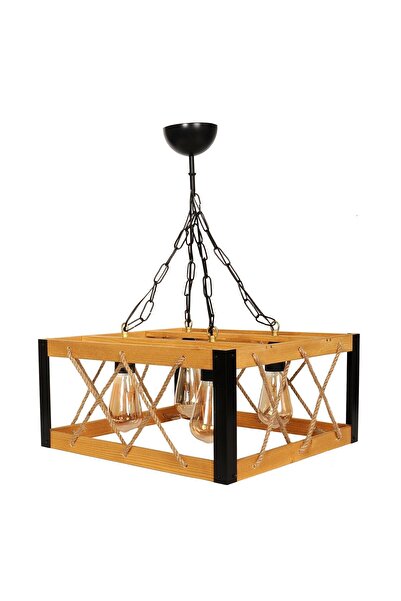 GDE Tasarım Dörtlü Kafes Avize, Ahşap Gövdeli, Metal Detaylı, Halat Örgülü