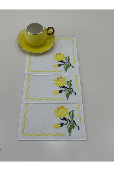 İNCİ ÇEYİZ 6 Adet Keten Kumaş Üzeri Kaneviçe İşleme Kahve Yanı Kokteyl Peçete...