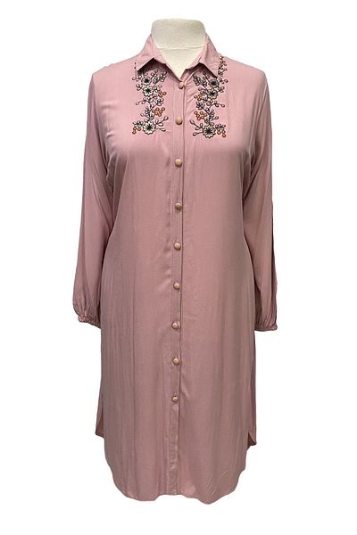 Giyinen Mağazaları Azra Pink Viscose Cotton Tunic - With Shirt Collar and Side Slits