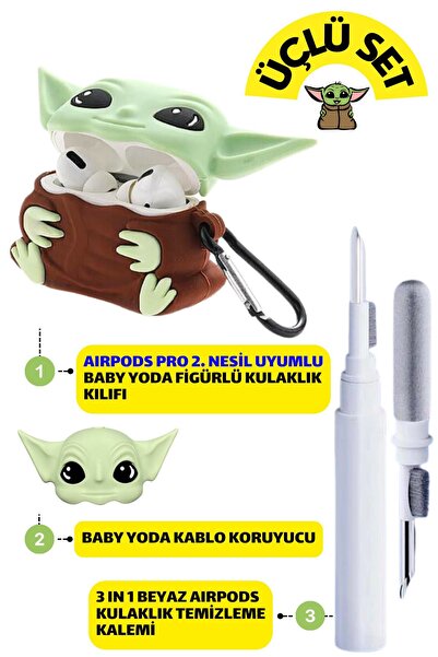 EWEC Pro 2. Nesil Uyumlu Yoda Figürlü Kılıf, Kablo Koruyucu ve Beyaz 3 in 1 K...
