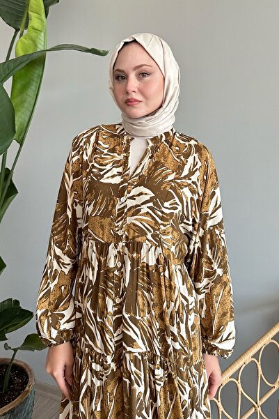 InStyle Khaki Viscose Dress - Abstract Balloon Sleeve Design