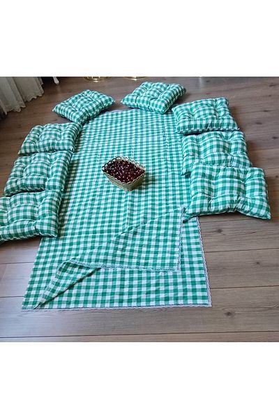 Marin Tasarım Evi Green Large Checkered Picnic Cloth Set - 8 Pieces 40x40 Cushion 170x180 Table Cloth