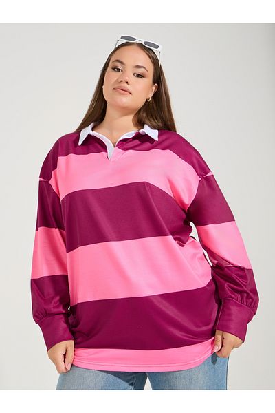 Styli Plus Size Color Block Striped Collared Long Sleeve Oversized Polo T-shirt