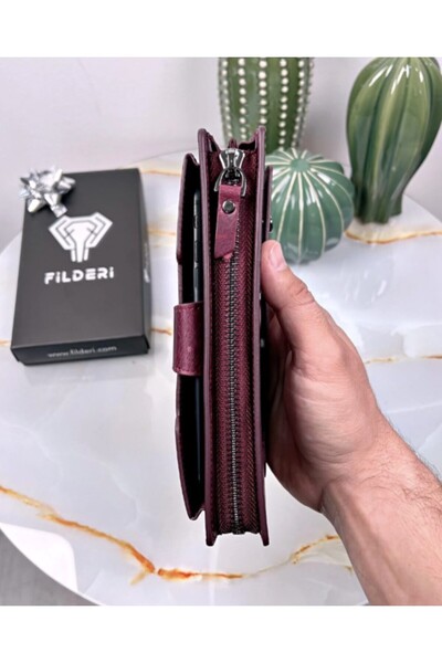 Fil Deri Genuine Leather Women's Wallet with Handle and Phone Compartment Long Claret Red Color 2040
