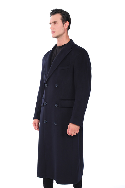 ŞAN GİYİM 4439 Men's Long Double Breasted Coat - Navy Blue, Belted