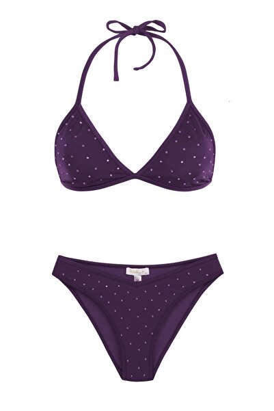AQUELLA Parlak Taşlı Mor Üçgen Bikini Takım