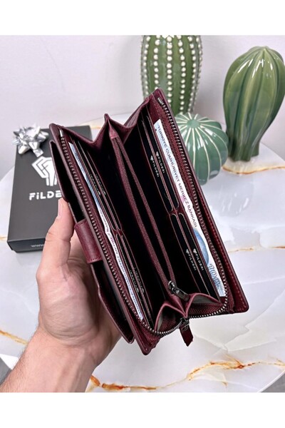Fil Deri Genuine Leather Women's Wallet with Handle and Phone Compartment Long Claret Red Color 2040