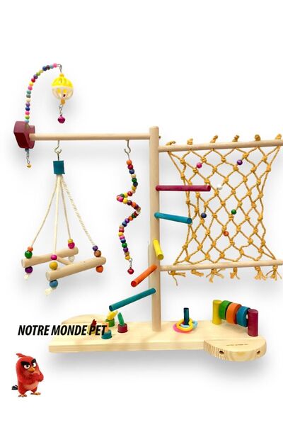 NOTREMONDEPET Ahşap el yapımı kuş oyun parkuru tırmanma halatlı zeka oyunlu k...