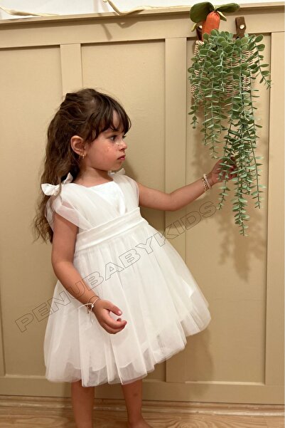 penu baby kids Beyaz Üstü Saten Arkası Büyük Fiyonk Omuzdan Küçük Fiyonk Deta...