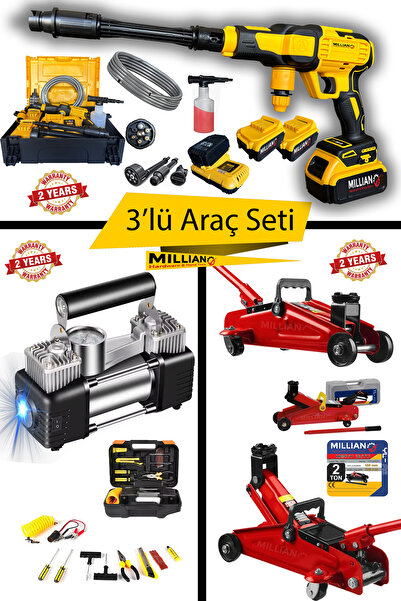 Millian Basınçlı 10 Pilli 2 Akülü Şarjlı Oto Yıkama + 2 Ton Timsah Kriko + 12V Kompresör ve Tamir Kiti