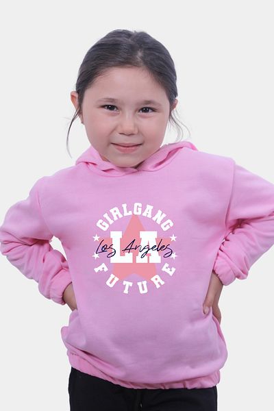 YA KO KİDS Hanorac roz cu glugă cu buzunar dublu pentru fete cu imprimeu Girl Gang