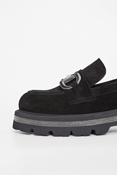 Valmenti Kadın Siyah Süet Deri Loafer Ayakkabı