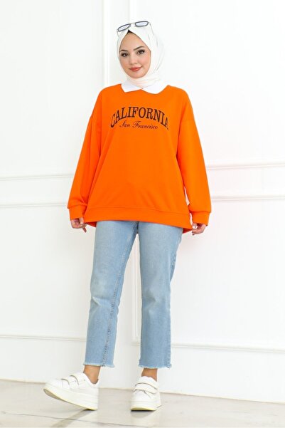 Bestenur Orange California Printed Shirt Collar Tunic 1099