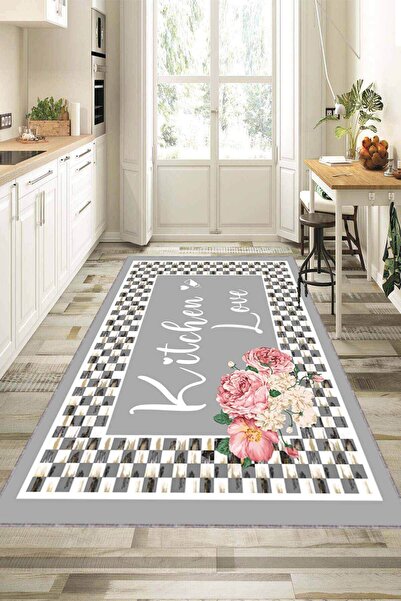 Viva Home Gri Kaymaz Tabanlı Kitchen Love Mutfak Halısı Yolluk VH094