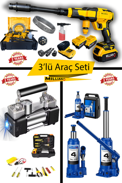 Millian Basınçlı 10 Pilli 2 Akülü Şarjlı Oto Yıkama + 4 Ton Şişe Kriko + 12 V Işıklı Kompresör ve Tamir Kiti