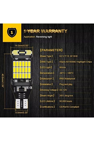 Carub T15 Park Ampul 45 Led Geri Vites Plaka Ampul Güçlü Beyaz Işık