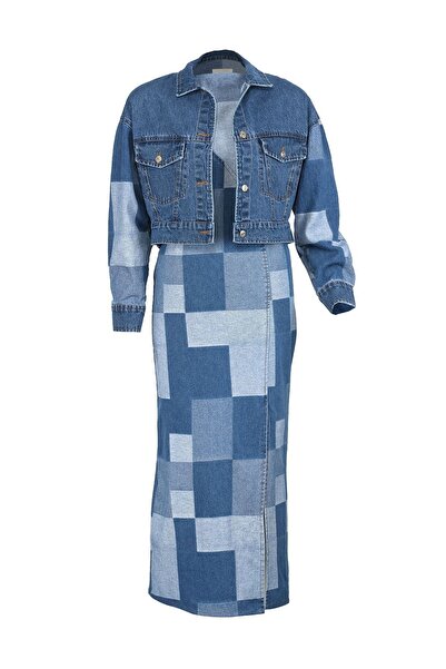 RUCHA Renk Bloklu Yırtmaçlı Denim Elbise