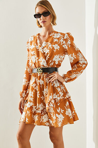 Bianco Lucci Kadın Kruvaze Yaka Beli Lastikli Eteği Fırfırlı Çiçek Desenli Kemerli Elbise 21809 60251614