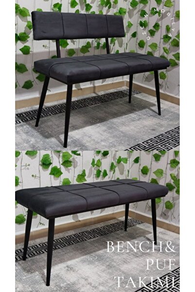 ÖZCAN METAL Siyah Metal Ayaklı Bench Sırtlı Mutfak Salon Antre Yatak Odası Puf Bank Oturak Takımı