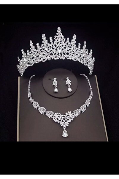 Accessories Zirkon Taşlı Gelin Tacı Kına Tacı( Üçlü Set Tac , Kolye, Küpe)