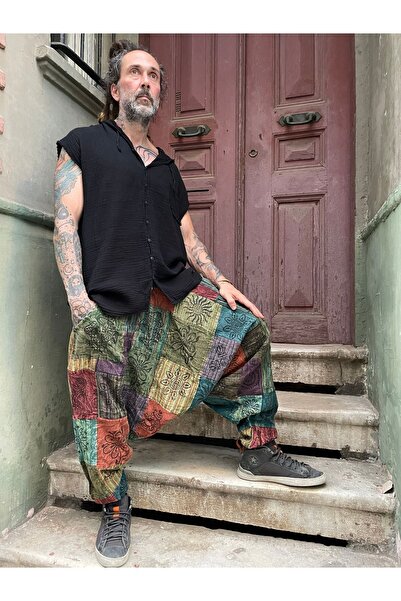 Bohoyasam Unisex Nepal Patchwork Pantolon, Salaş Pantolon, Rahat Pantolon, Renkli Şalvar,Festival Şalvar