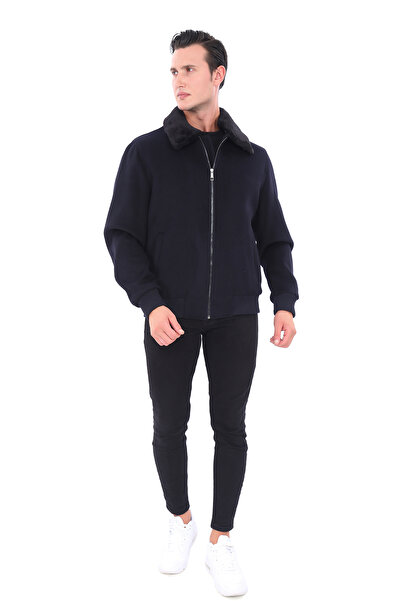 ŞAN GİYİM 2668 Erkek Lacivert Çıkma Kürk Yaka Fermuarlı Mont