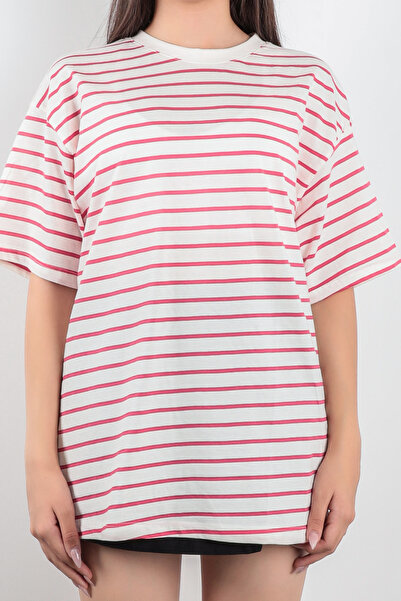 GİYSA Γυναικείο T-shirt Candy Pink ριγέ μονό ζέρσεϊ - Crew Neck, 100% Cotton ...