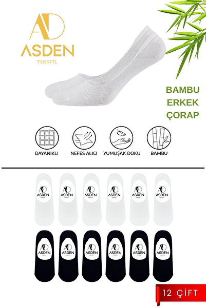 ASDEN Bambu Erkek Babet Çorap 6 Siyah 6 Beyaz 12'li Paket, Dikişsiz, Kaydırma...
