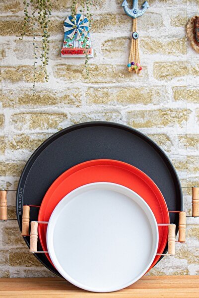 kitchen trend 3-Piece 45 Black, 37 Red, 30 White Wooden Handle Metal Tray Tea...