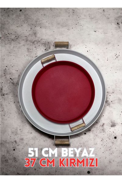 kitchen trend 51 Cm White 37 Cm Red 2 Piece Metal Round Tray Presentation Tray Tea Coffee Tray