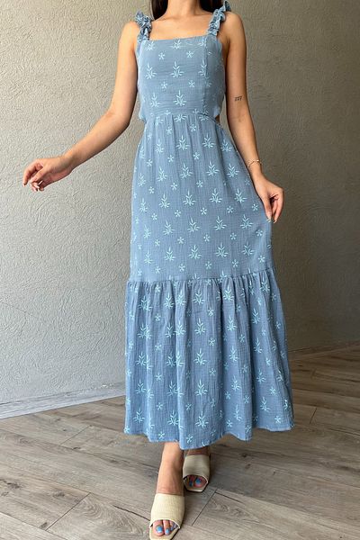 Seda Yalçın Atelier Blue Print Dress with Ruffled Sleeves and Tie-Up