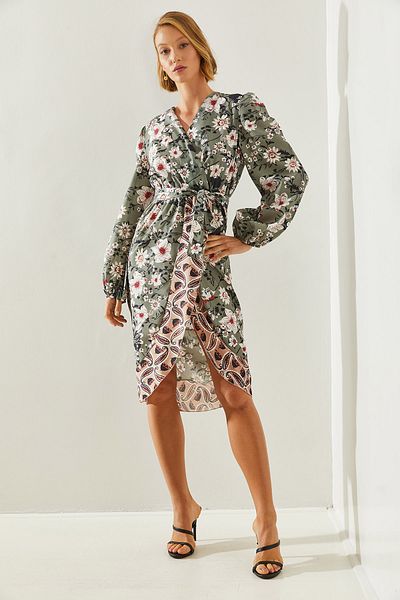 Bianco Lucci Floral Pattern Asymmetrical Cut - Διπλό Φόρεμα με γιακά Ζώνη 22181 60251627