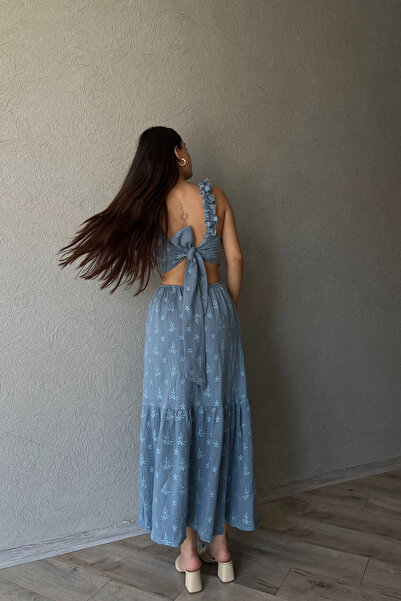 Seda Yalçın Atelier Φόρεμα με βολάν μανίκια και δέσιμο με μπλε στάμπα