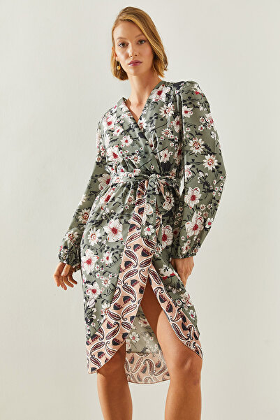 Bianco Lucci Floral Pattern Asymmetrical Cut - Διπλό Φόρεμα με γιακά Ζώνη 22181 60251627