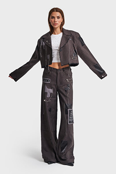 its basic Anthracite Colored Striped Women's Jacket - Special Fabric Design