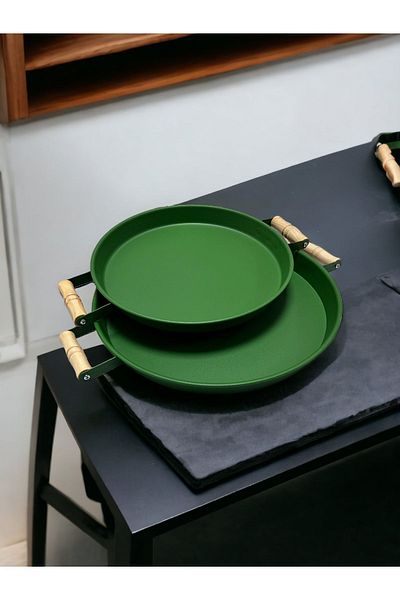 kitchen trend Set of 2 Wooden Handled 37 Cm Black and 30 Cm Green Trays Tea Coffee Presentation Tray 37 and 30cm