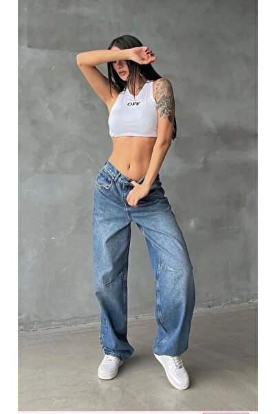 Shield Life Spreyli Tibet Toka Detaylı Bol Kesim Geniş Paça Rahat Baggy Jean Kot Salaş Kadın Pantolon Jangan