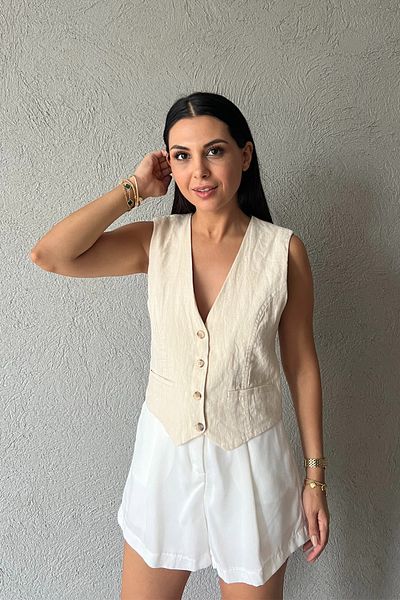 Seda Yalçın Atelier سترة كتان - لون كريمي، تصميم بأزرار