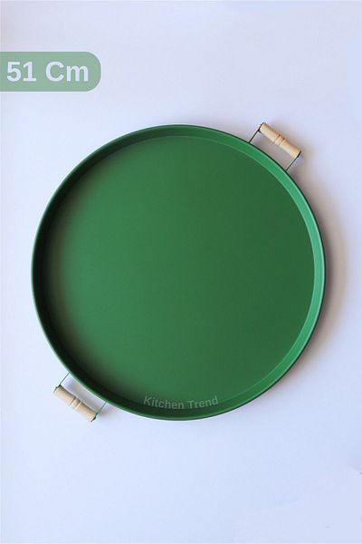 kitchen trend 51 Cm Metal Round Green Tray with Wooden Handles Presentation Tray, Breakfast Tray