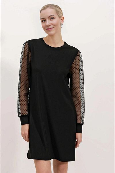 hazelin Μίνι φόρεμα μαύρο τούλι με μανίκια - Crew Neck HZL24S-BD 124671