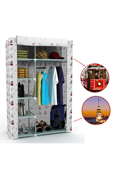 HOLTECH Tek Yandan Raflı İstanbul Baskılı Bez Dolap Pratik Portatif Askılı Çok Raflı Kumaş Gardırop