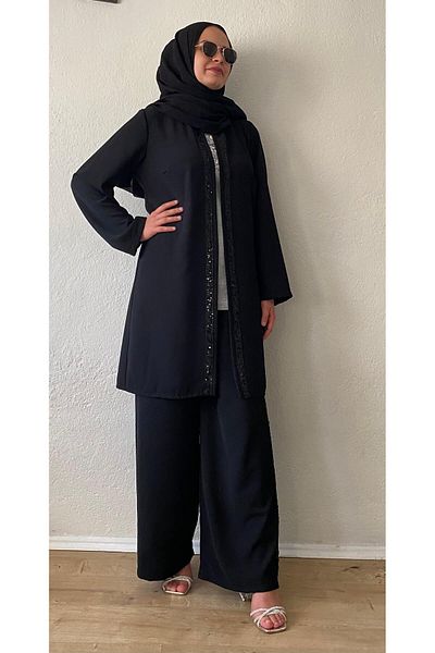 Samgülü XXL Black Crepe Women's Jacket - Sequin Detailed and Banded