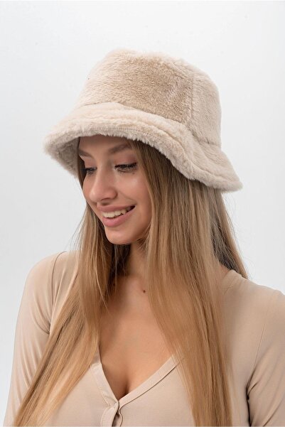 Saria Moda Bej Peluş Kadın Yumuşak Bucket Şapka